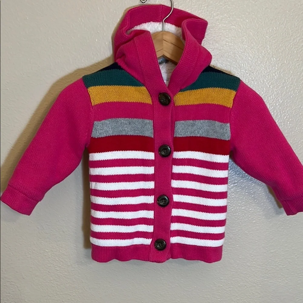 Hanna Andersson Pink Striped Fleece Lined Knit Button Sweater